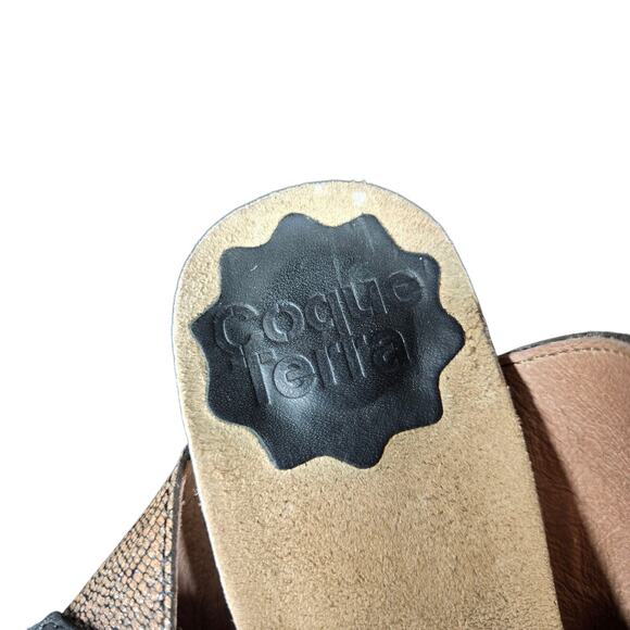 Anthro Coque Terra Sanne Heels Womens 39 Black Brown Shimmer Leather Sandals - Picture 11 of 14